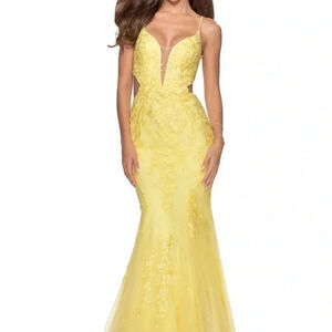 La Femme yellow sheer lace mermaid gown